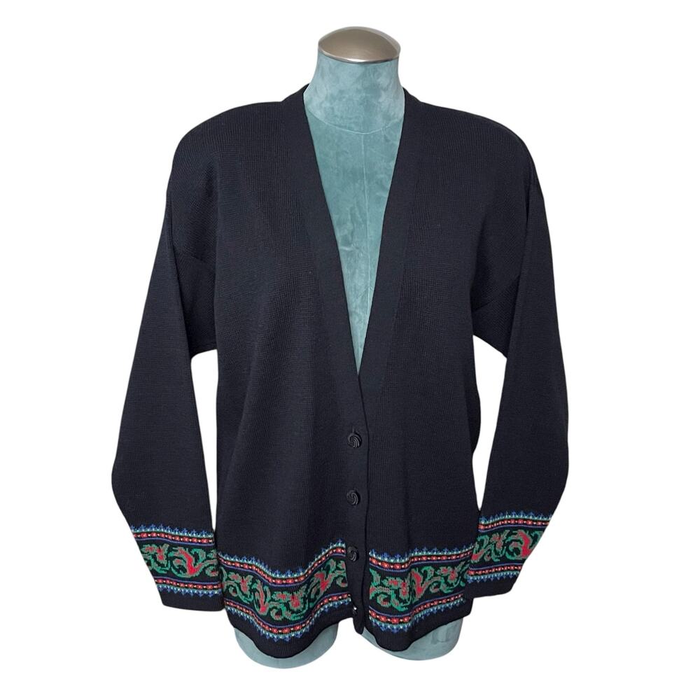 Vtg Pendleton Wool Knit Cardigan Sweater Sz XL Black Red Long Sleeve Whimsygoth